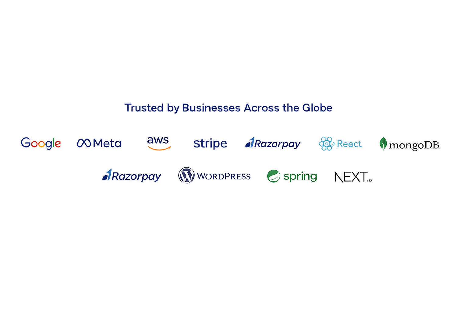 Technologies and platforms NiharTech works with — Google, Meta, AWS, Stripe, Razorpay, WordPress, React, Spring, MongoDB, Next.js